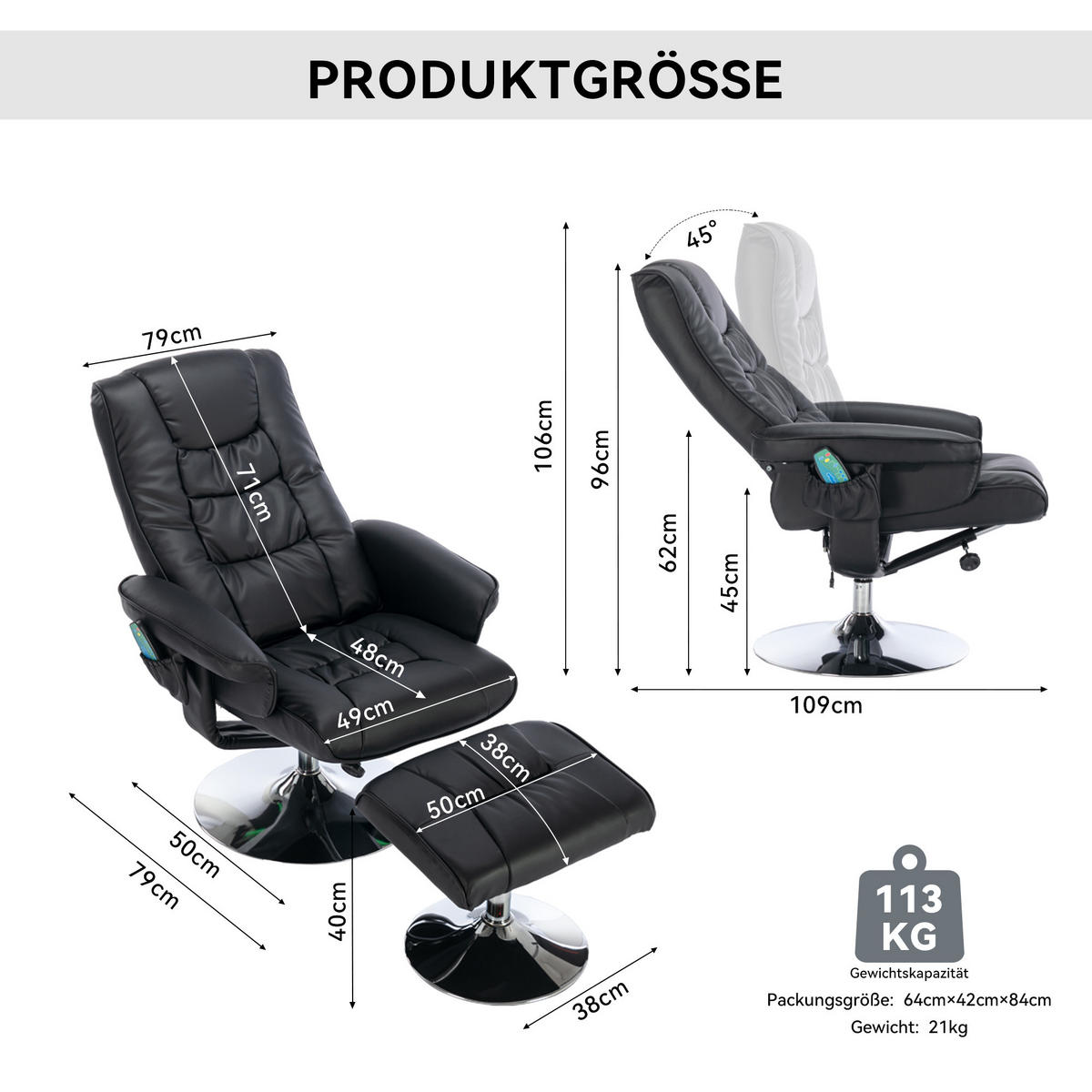 MASSAGESESSEL PU-Leder mit Heizfunktion und 5-Punkt-Massage 79/79/106 cm Schwarz - Schwarz, Kunststoff (79/106/79cm) - Redom
