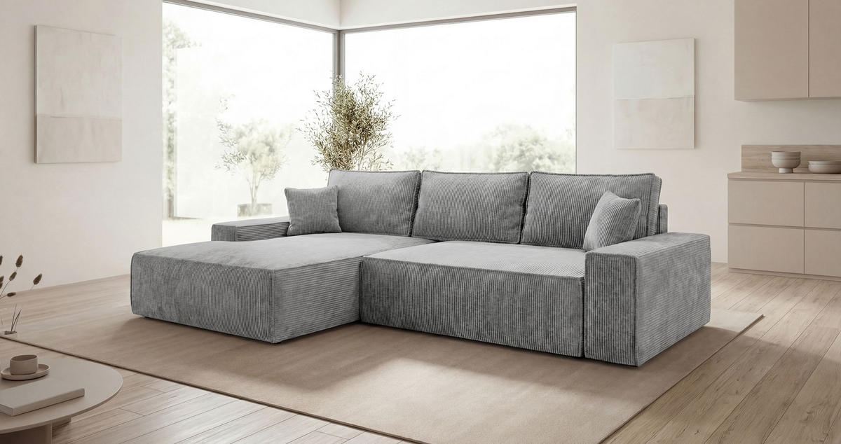ECKSOFA VERONA links grau Cord Poso 55 - Schlaffunktion, Bettkasten - Grau, Textil (280/185cm) - Cornero