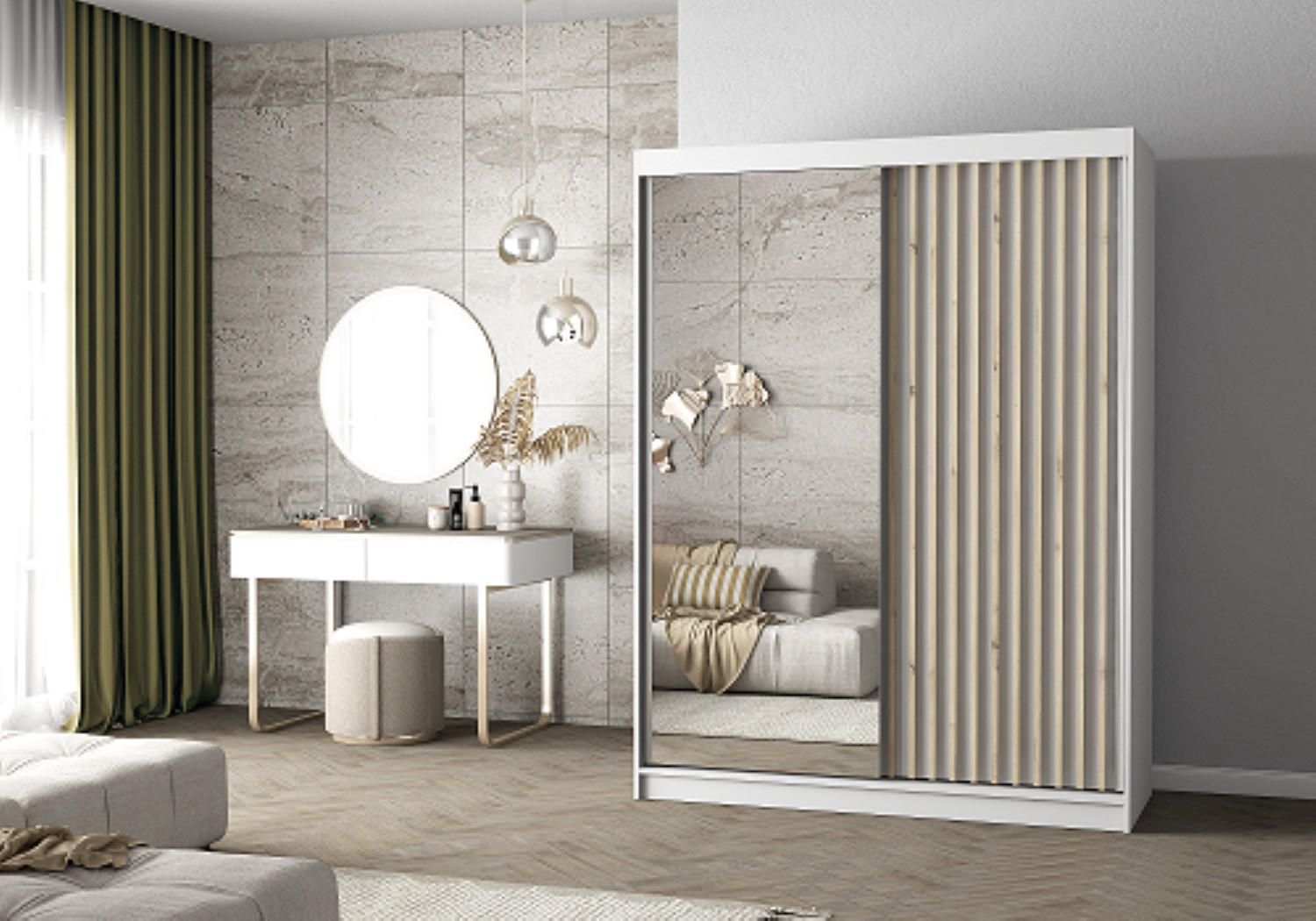 SCHWEBETÜRENSCHRANK Lami B Weiß/Weiß mit Spiegel, + LED-Beleuchtung 150 cm - Alufarben/Weiß, Glas/Holzwerkstoff (150/200/61cm) - imoebel24