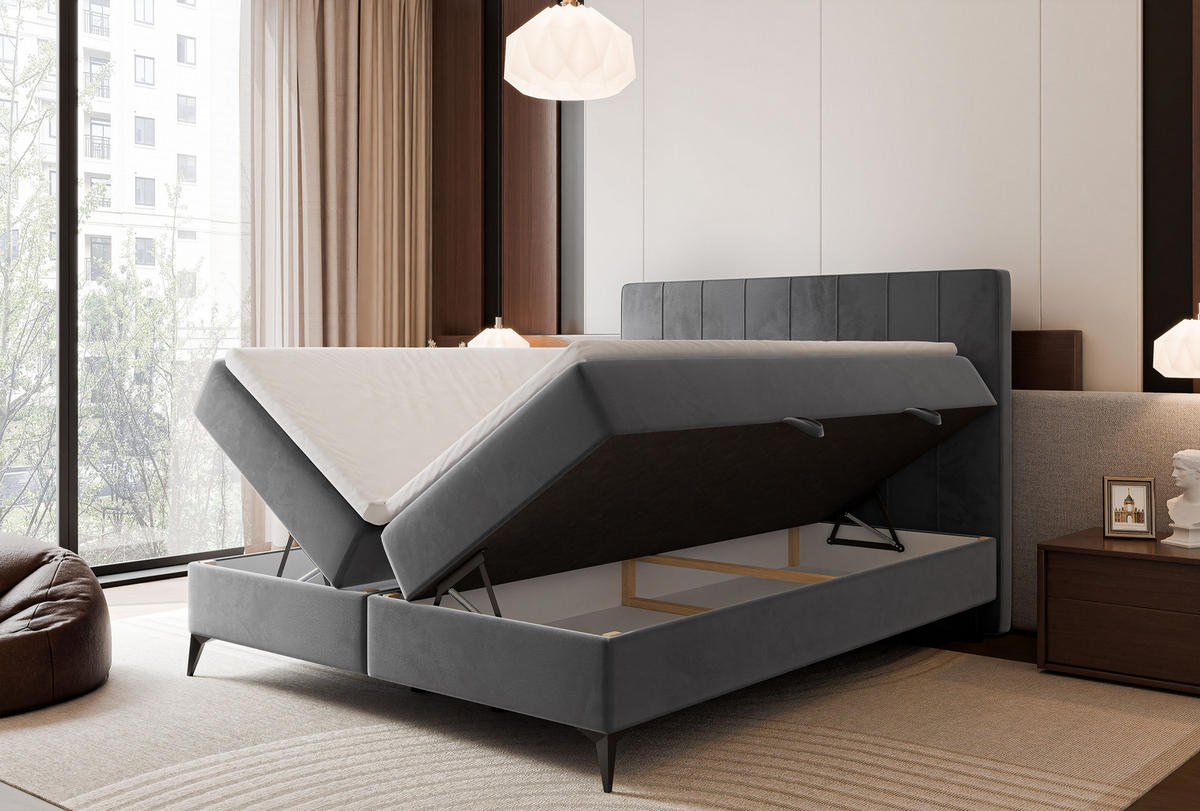 BOXBETT VERA 120x200 cm mit Matratze und Topper, Dichter wasserabweisender Samt Grau - Grau, Textil (120/200cm) - Idohome