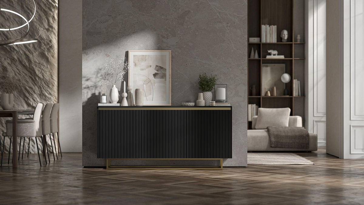 KOMMODE Selene 3D Schwarz Matt mit geriffelten Fronten Glamour 167 cm - Goldfarben/Schwarz, Holzwerkstoff/Metall (167/79/35cm) - Meble Lindner