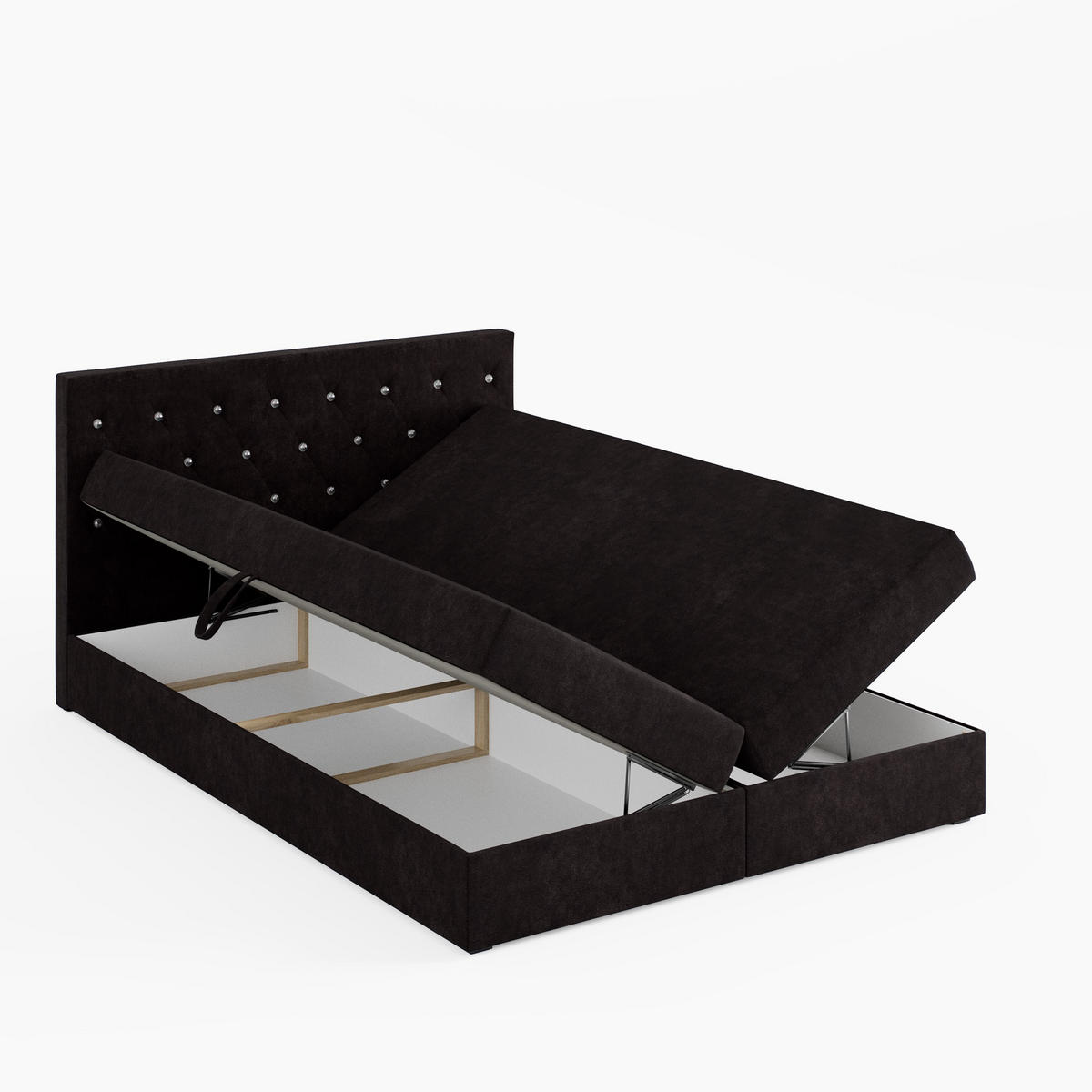 BOXBETT CRYSTAL 160/200 cm, in Schwarz, Premium Velours-Stoff, Bettkasten, Matratze, Topper - Schwarz, Textil (160/20cm) - Barchello
