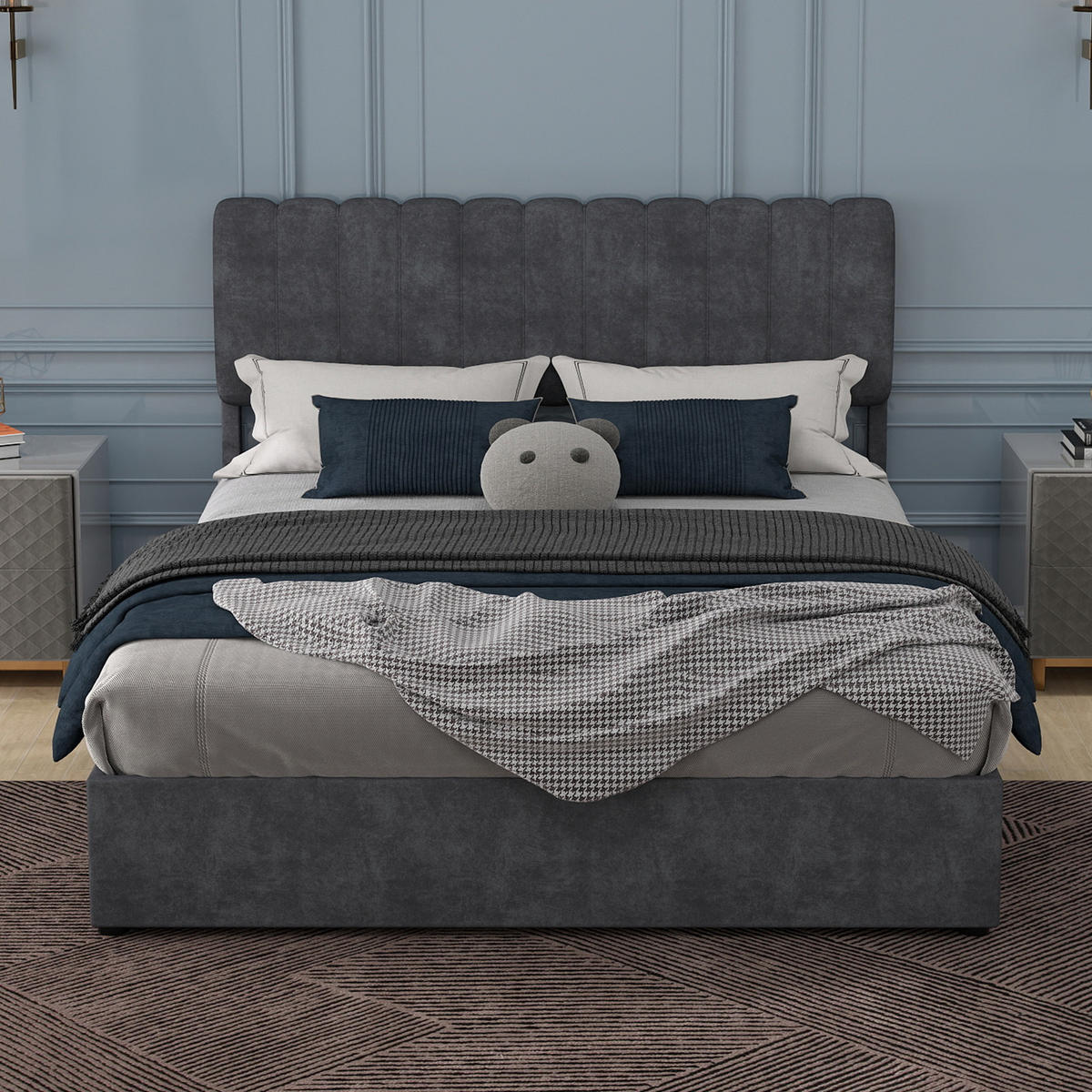 POLSTERBETT 160/200 cm in Grau Samt - Grau, Holzwerkstoff/Textil (160/200cm) - WISHDOR