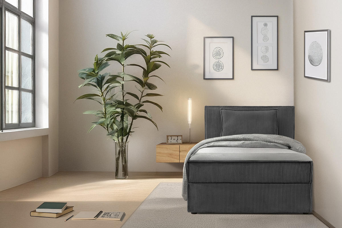 BOXSPRINGBETT ROTI Einzelbett, dunkelgrau - Dunkelgrau/Schwarz, Holz/Holzwerkstoff (100/200cm) - KONSIMO®