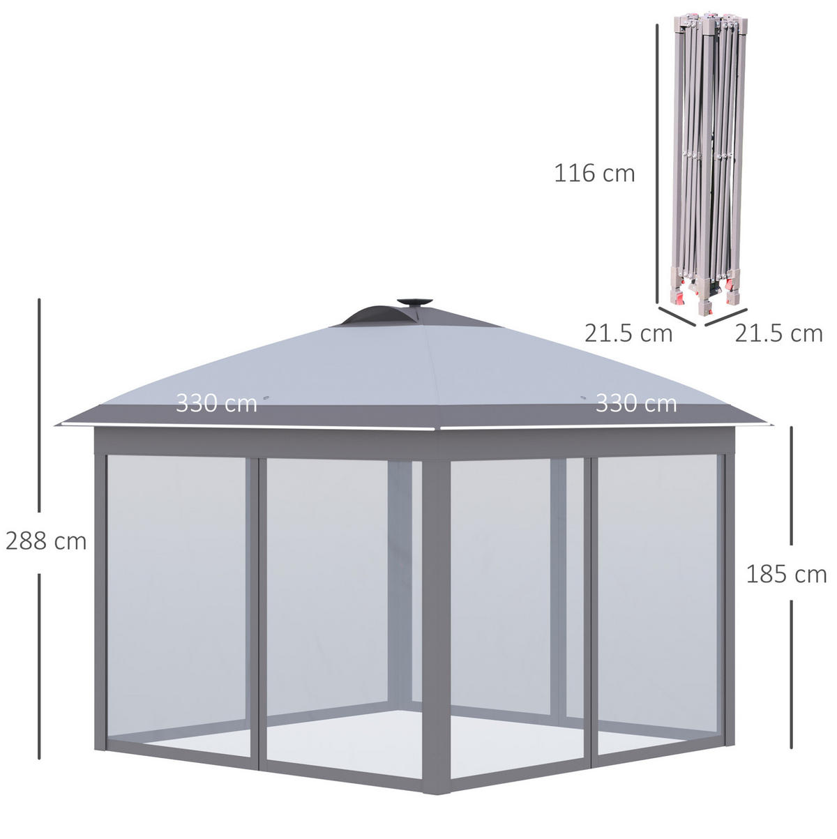ZAHRADNÍ altán z kovu 330x330x288 cm šedý s LED osvětlením, USB nabíjením a síťovanými závěsy - šedá, kov (330/288/330cm) - Modfu