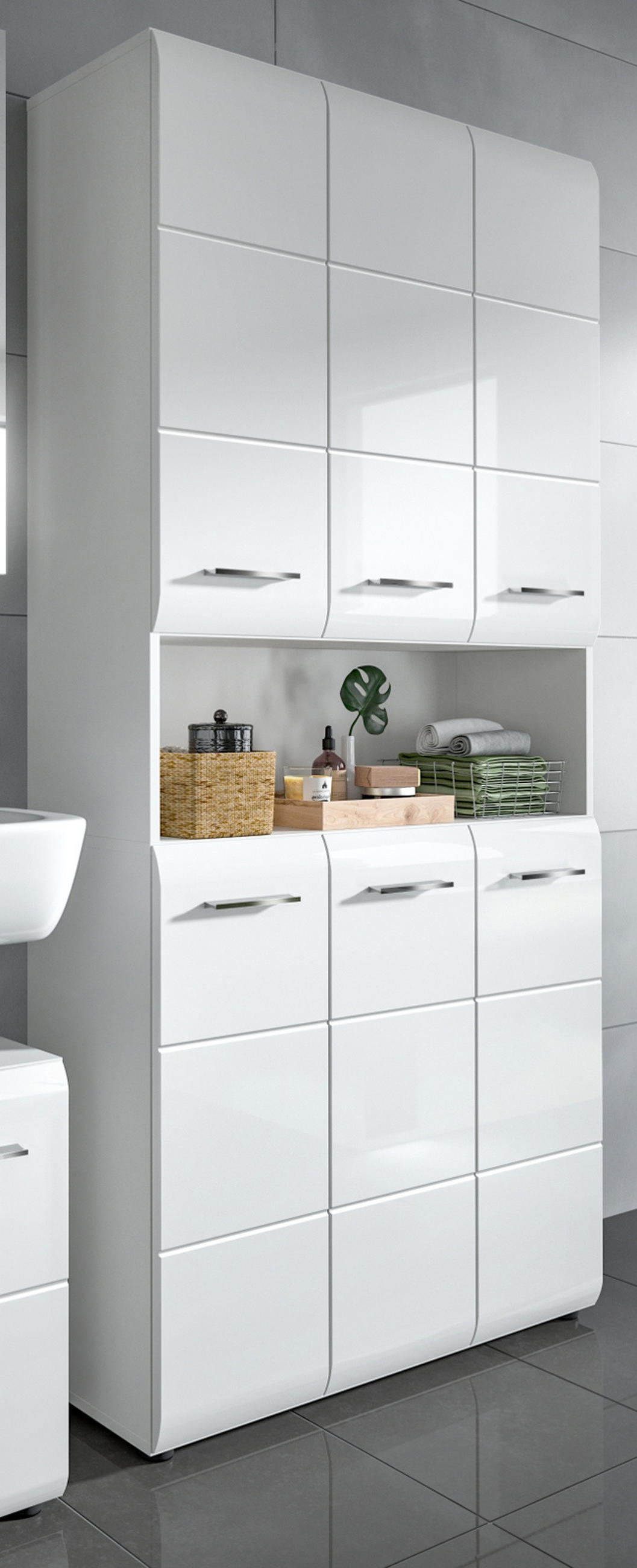 HOCHSCHRANK weiß Hochglanz, Mehrzweckschrank 90 cm mit 13 Fächern - Weiß Hochglanz/Silberfarben, Holzwerkstoff/Kunststoff (90/185/30cm) - Inn.Furn