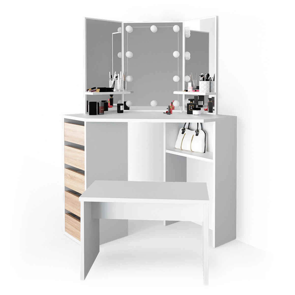 ECKSCHMINKTISCH Arielle Weiß/Sonoma 110 cm mit LED Beleuchtung und Bank - Weiß/Sonoma Eiche, Holzwerkstoff (110/141.5/54cm) - Vicco