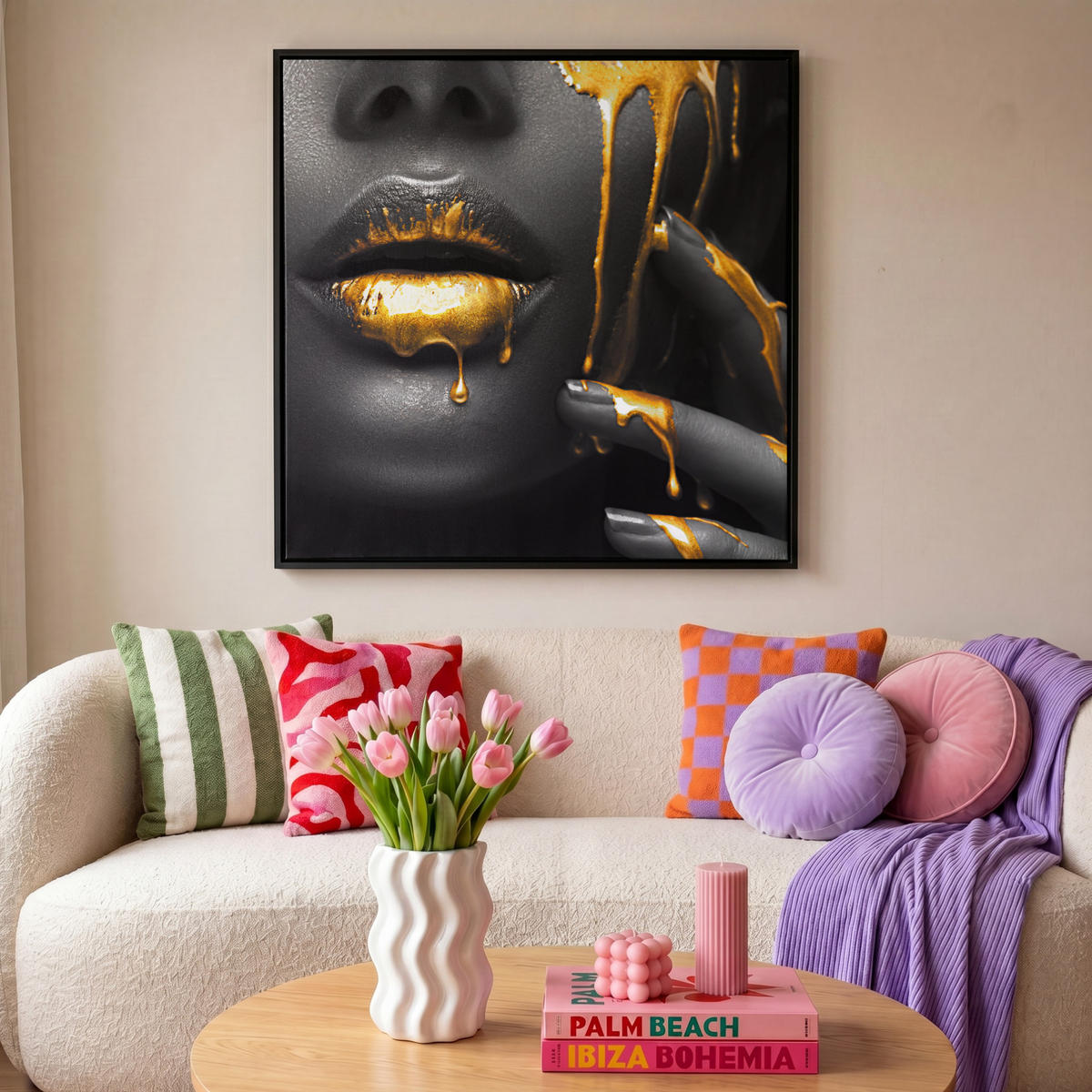 LEINWAND Bilder mit Rahmen - Frau - Schwarz - Gold - Gesicht - Lippen - 90x90 - Goldfarben, Textil (90/90cm) - MuchoWow