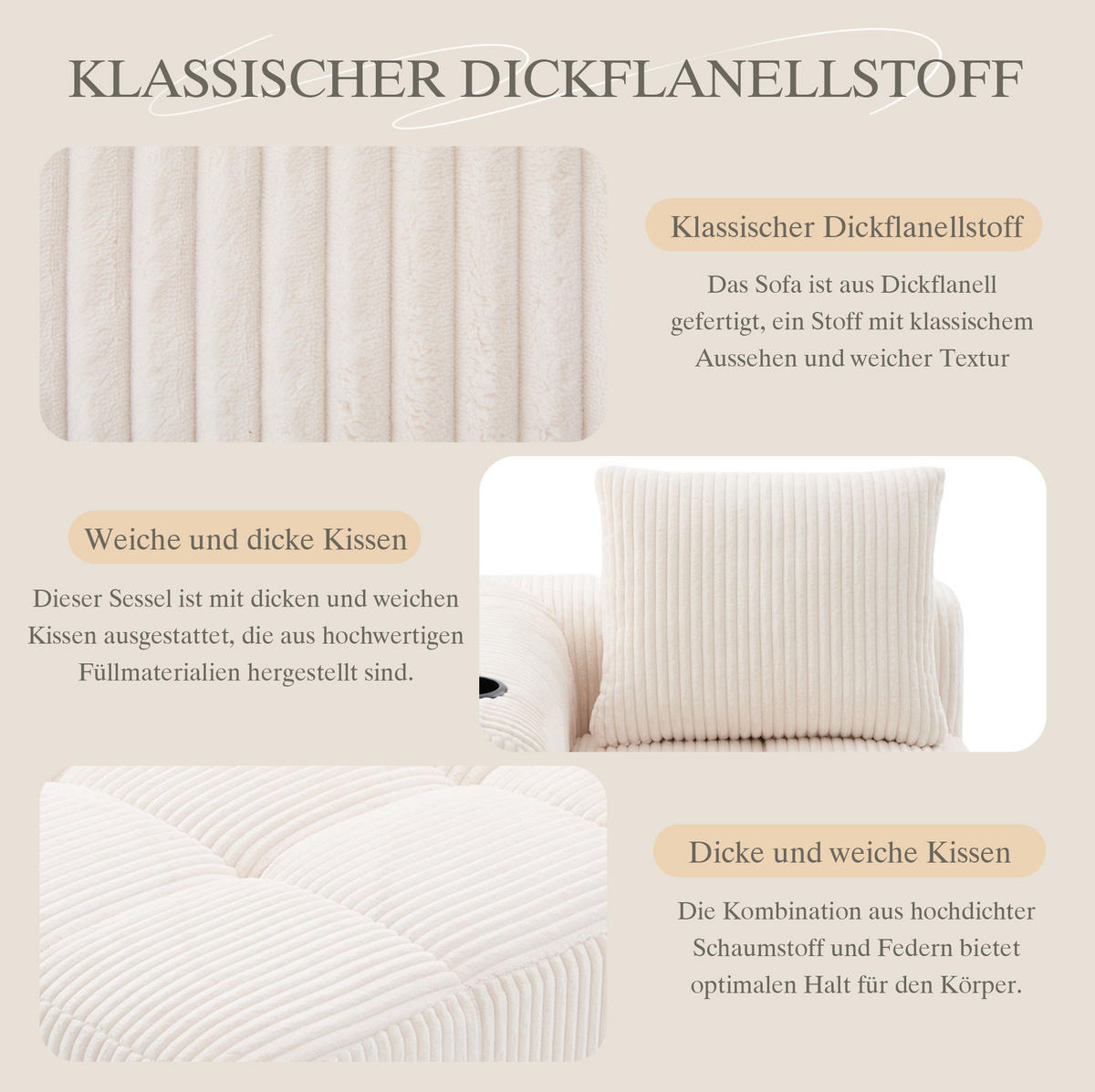 LOUNGESESSEL Cord mit Seitenfächern und Becherhalter 158/93/61 cm Beige - Beige, Textil (93/61/158cm) - Redom