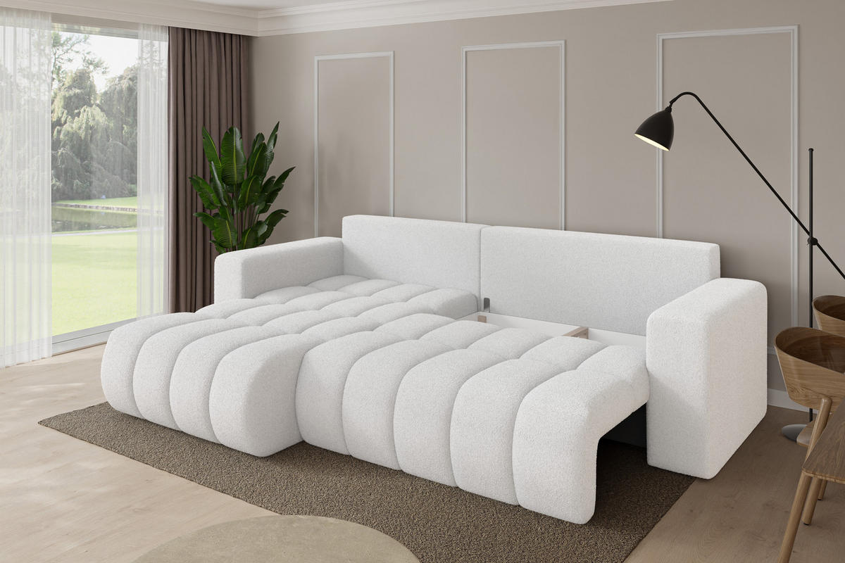 ROHOVÁ SEDAČKA s funkcí spaní, otoman vlevo MILA-L-v1 277x195x86 bílá bouclé - bílá/černá, kompozitní dřevo/textil (277/194cm) - ALTDECOR