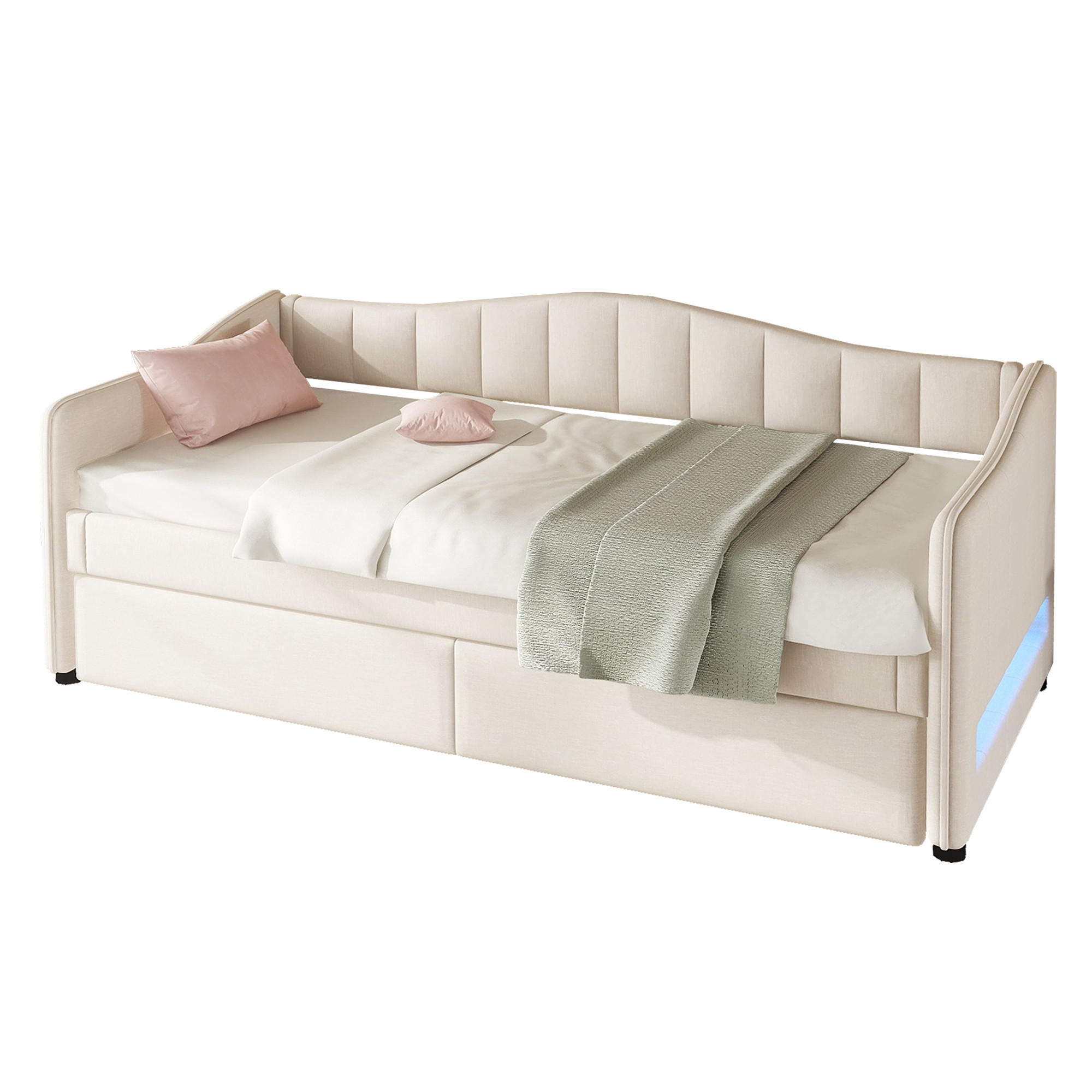 SCHLAFSOFA 90/200 cm & 90/200 cm in Beige Leinen mit Ausziehbett und LED - Beige, Holzwerkstoff/Textil (90/200cm) - WISHDOR