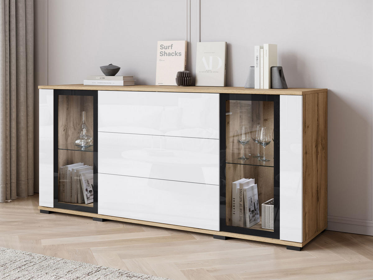 SIDEBOARD Caro SB 150 2D3S mit weißer LED Beleuchtung - Eiche Wotan/Schwarz, Holzwerkstoff/Kunststoff (150/70/40cm) - MIRJAN24