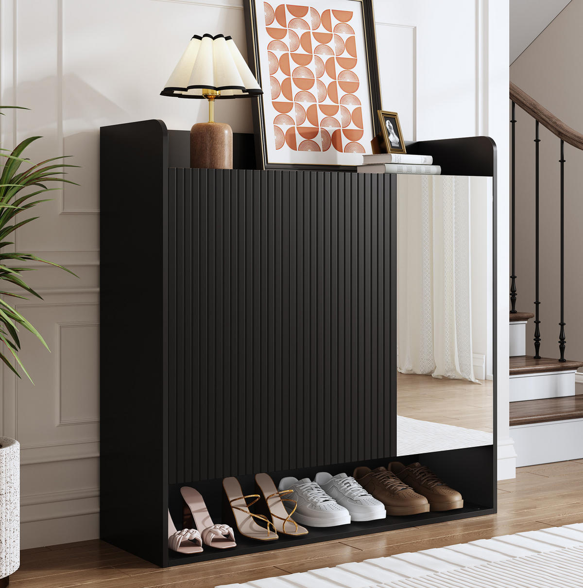 SCHUHSCHRANK 110/35,5/110 cm mit Ganzkörperspiegel, verstellbaren Böden und MDF-Holzwerkstoff, Schwarz - Schwarz, Holzwerkstoff (110/110/35.5cm) - Redom