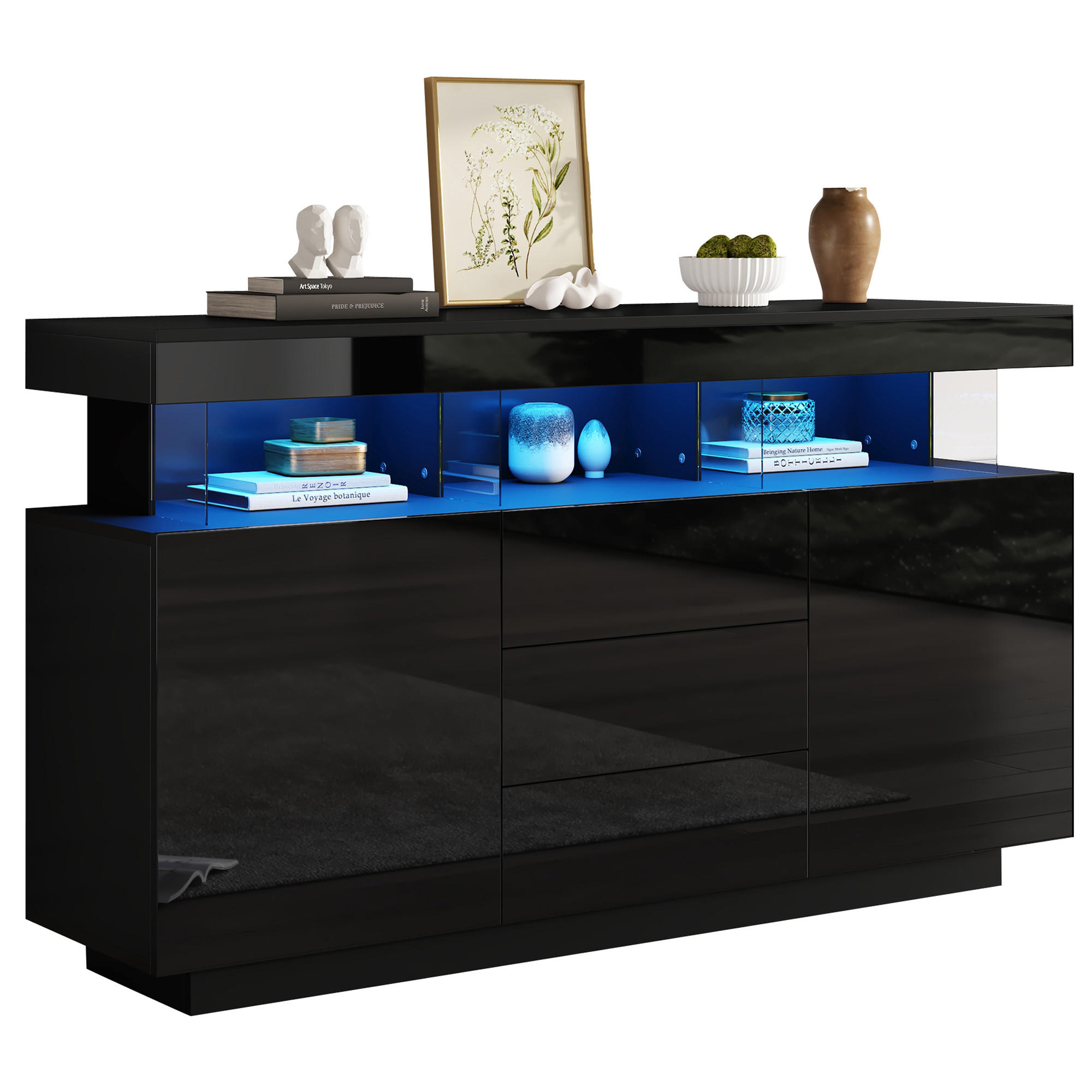 SIDEBOARD schwarz aus Spanplatte mit Hochglanzfront, Acryl und LED-Beleuchtung 140 × 35 × 80 cm - Schwarz, Holzwerkstoff (140/80/35cm) - Luhomfu