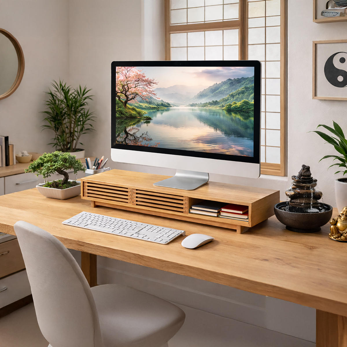 MONITORSTÄNDER Natur Bambus 3 Fächer - Hellbraun, Holz/Textil (24.5/96.5/14cm) - Relaxdays
