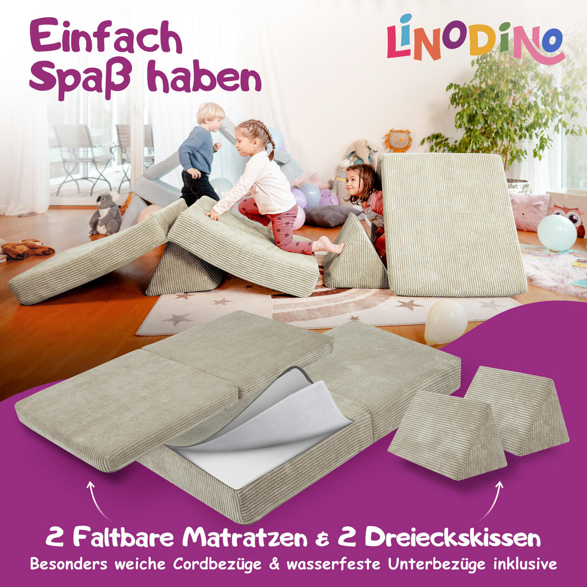 KINDERSOFA Spielparadies - Hellgrau, Textil (66/52/150cm) - Linodino