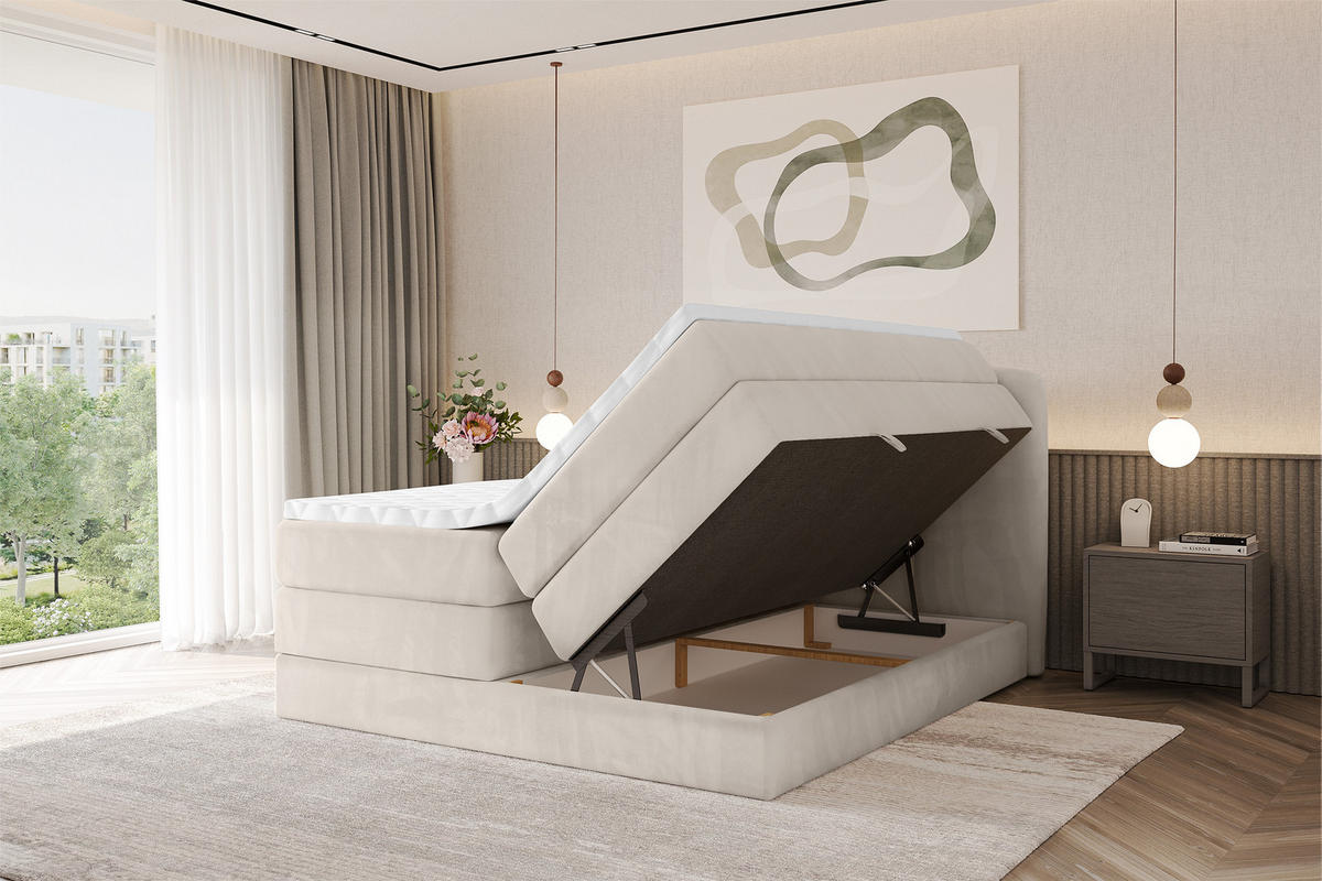 BOXBETT mit Matratze H3|H4 - NINA KING - 160x200 cm - Beige - Champagner, Holzwerkstoff (160/200cm) - ALTDECOR