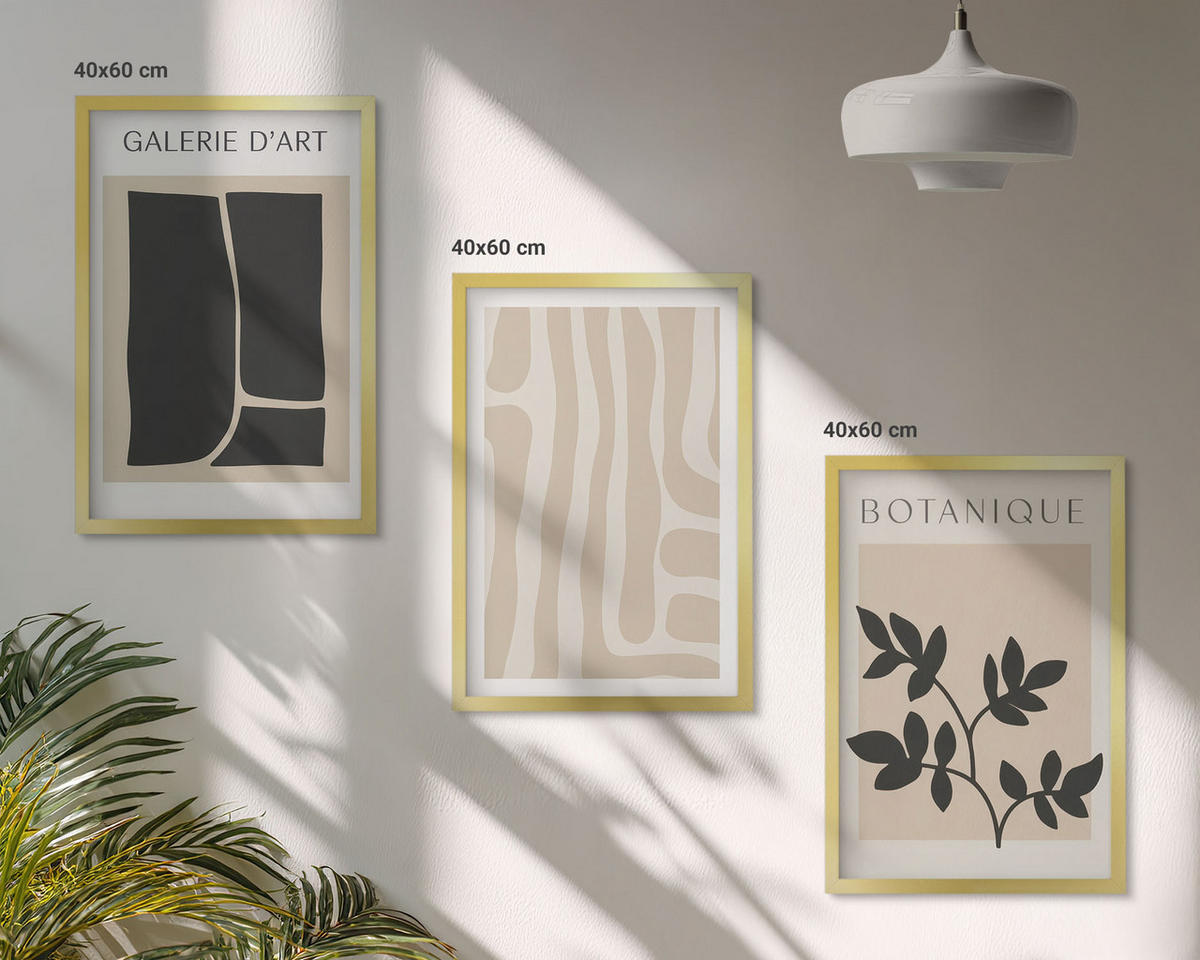 WANDBILDER 3er Set - 40x60 cm Goldrahmen - Abstrakte Pflanzenformen - Goldfarben, Kunststoff (40/60cm) - ArtPrintCave