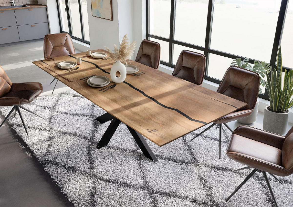 ESSTISCH Mango 260x100x74 natur lackiert / Epoxid schwarz, Kreuzgestell anthrazit matt EPOXY - Naturfarben, Holz (260/100/74cm) - Massivmoebel24