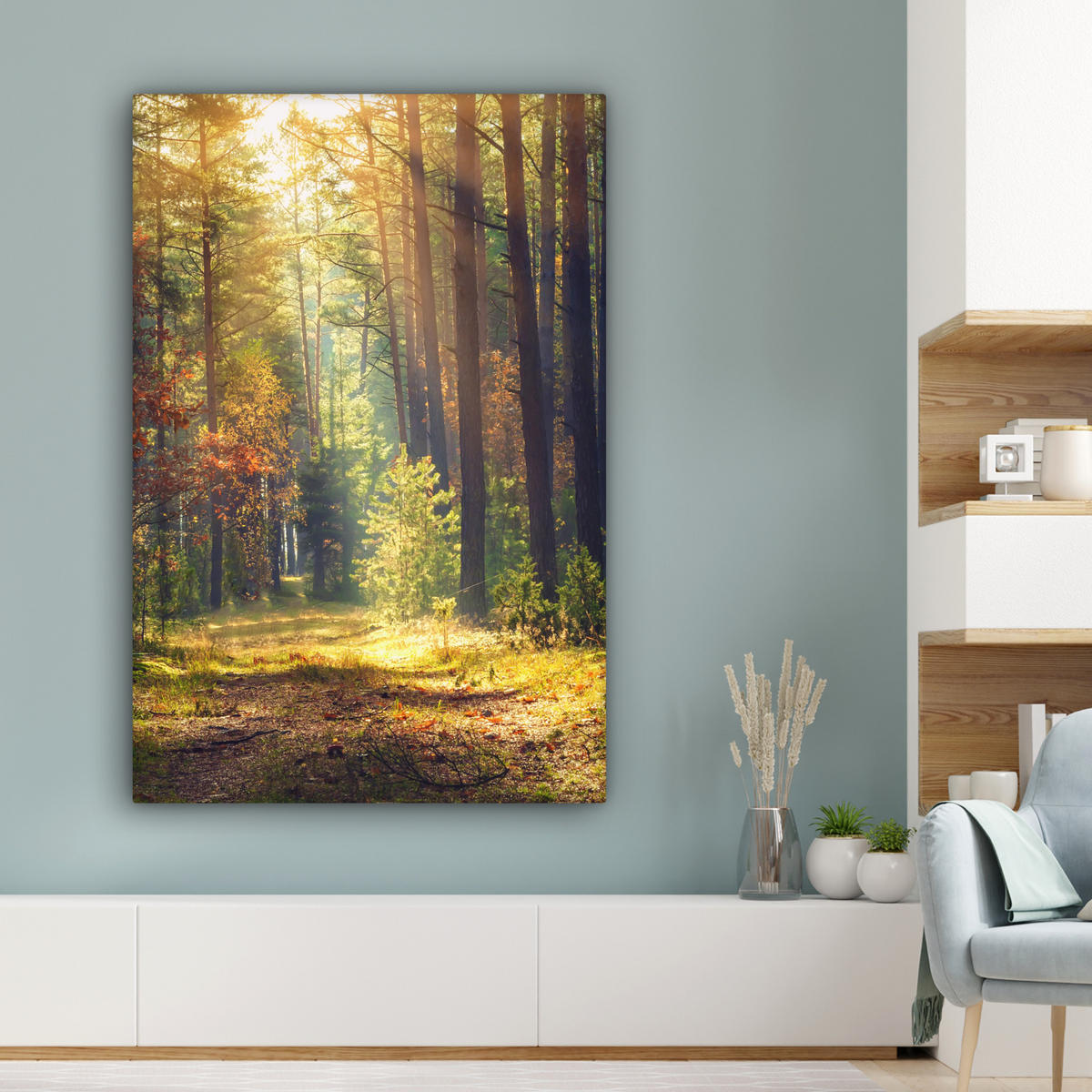 LEINWANDBILD Wald - Herbst - Bäume 90x140 cm - Dunkelgrün, Textil (90/140cm) - MuchoWow