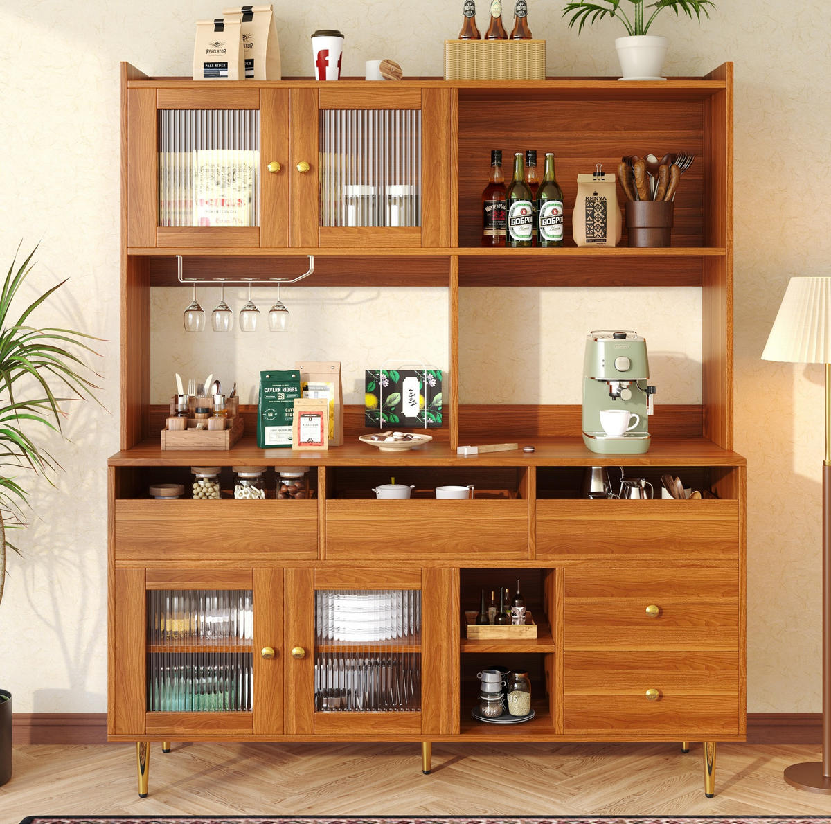 HOCHSCHRANK aus MDF in Walnussbraun mit Changhong-Glastür und Weinregal, 145/39/171 cm, Walnussbraun - Walnussfarben, Holzwerkstoff (39/171/145cm) - Redom