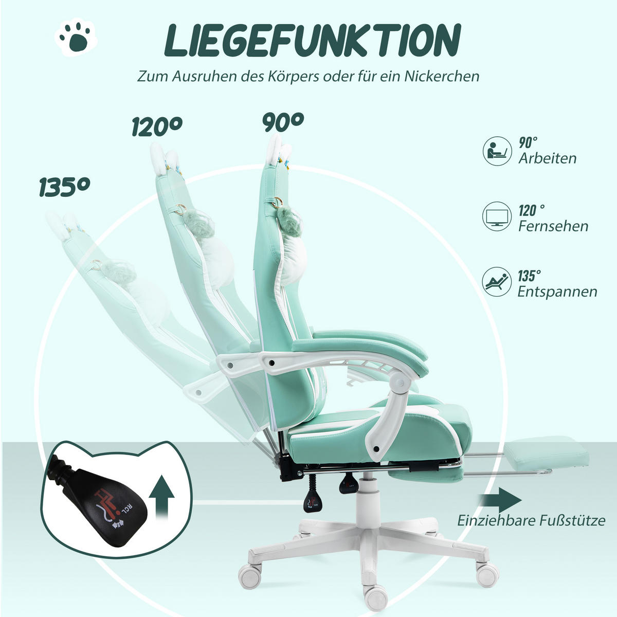 GAMING-SESSEL mit Katzenohren, neigbare Lehne, ausziehbare Fußstütze, bis 120 kg belastbar, Tiffanyblau - Hellblau, Leder (62/124/65cm)