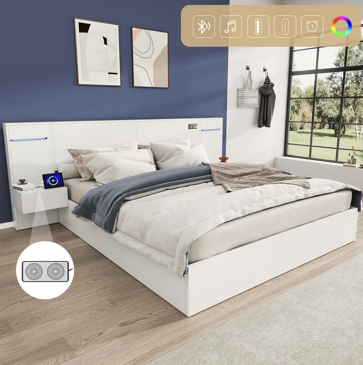 POLSTERBETT 160/200 cm weiß aus MDF mit LED, USB und Bluetooth - Weiß, Holzwerkstoff (160/200cm) - OKWISH