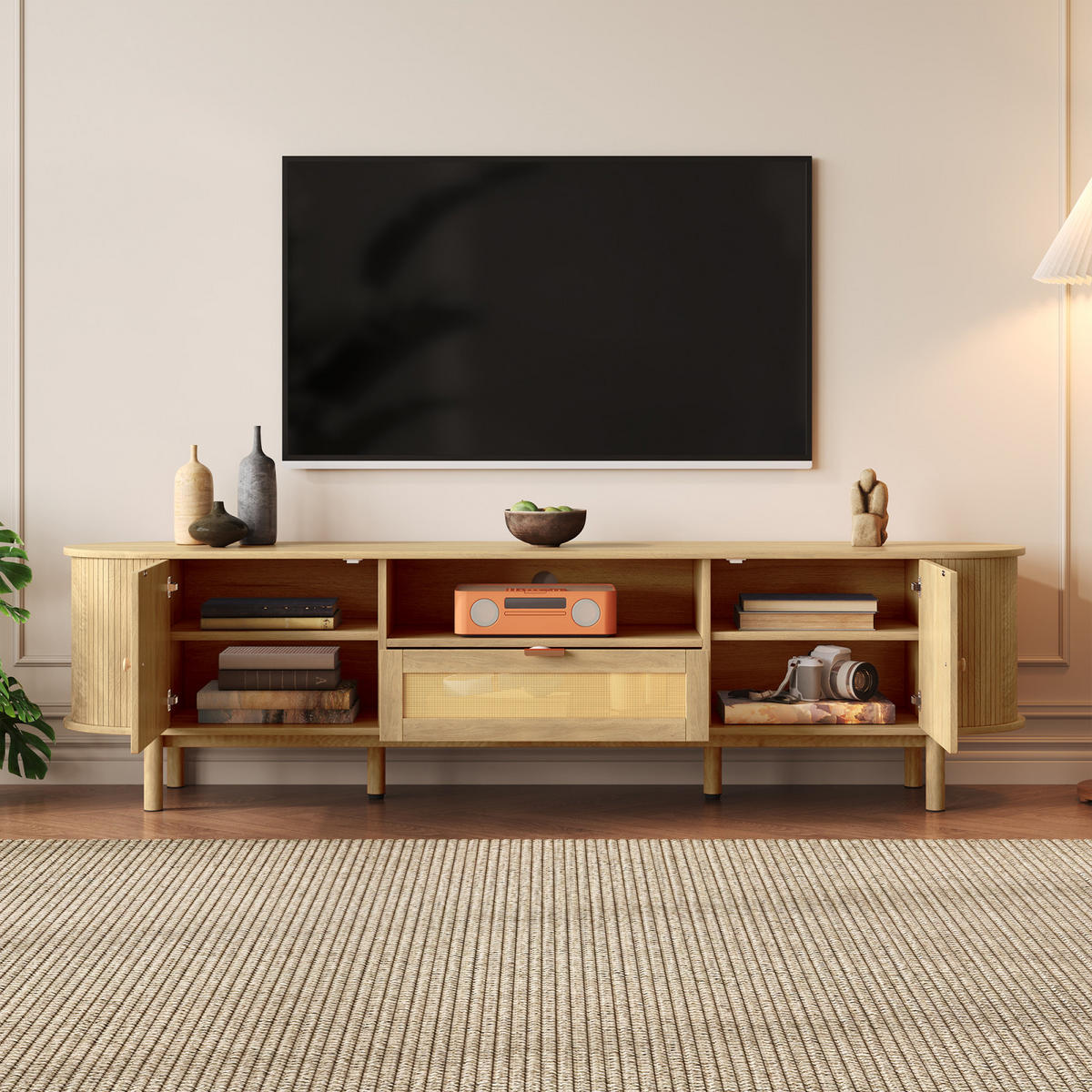 TV Lowboard 175 cm, Rattan-Schubladen, Metallfüße, Holz - Braun, Holz (175/51/36cm)