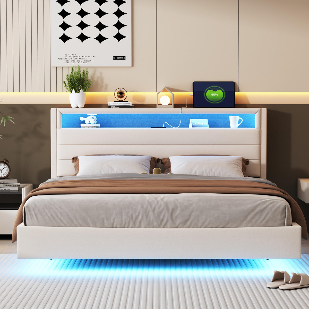 POLSTERBETT 160/200 cm beige mit USB-Steckdose und LED-Beleuchtung - Beige, Textil (160/200cm) - OKWISH