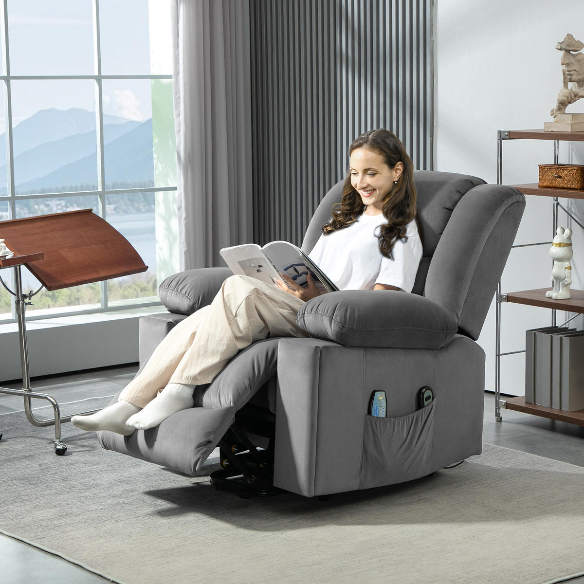 FERNSEHSESSEL mit Aufstehhilfe Relaxsessel mit Massage-/ Wärme-/Liegefunktion - Dunkelgrau, Textil (93/104/101cm) - HOMCOM