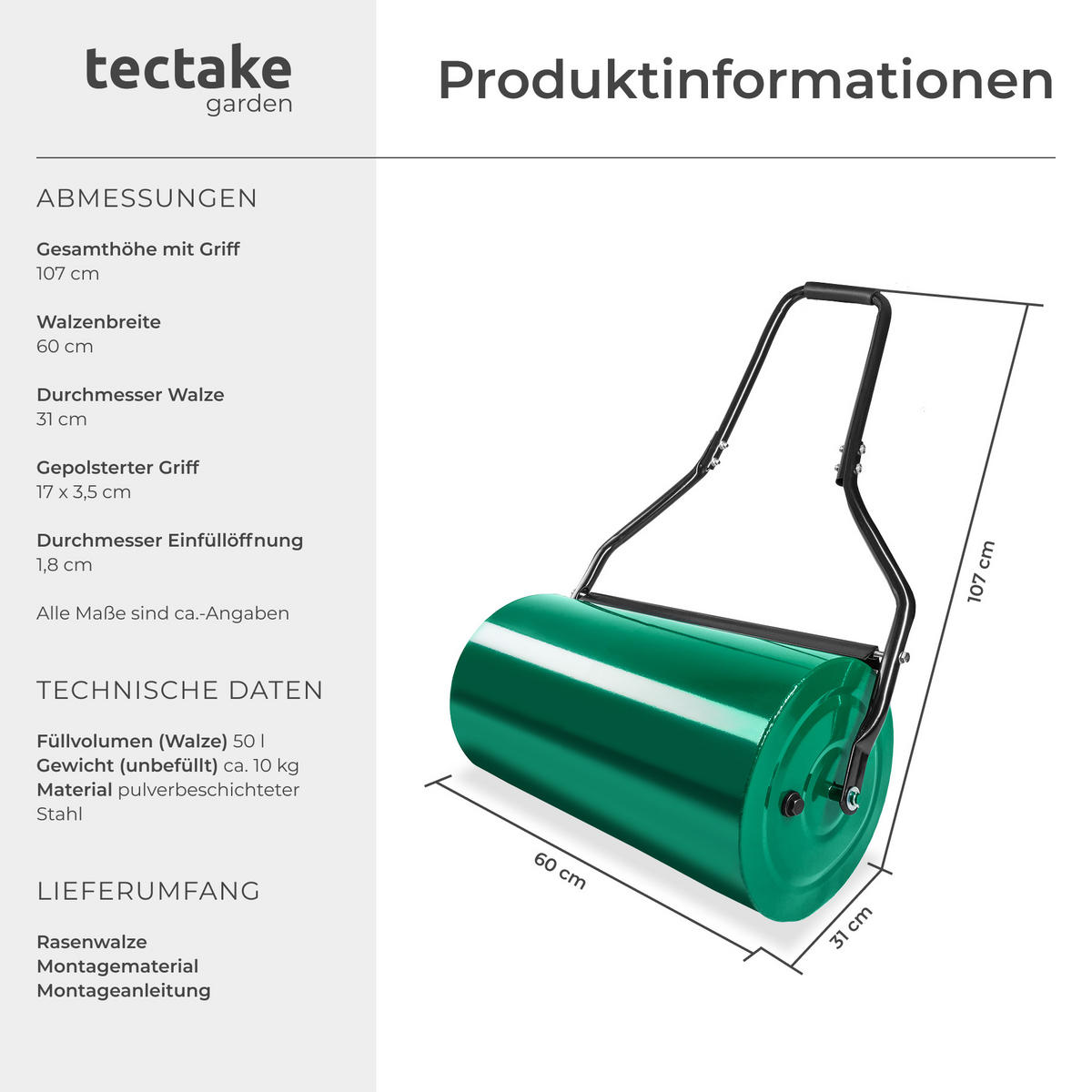RASENWALZE ,gepolsterter Handgriff,grün - Grün, Metall (60/107/31cm) - tectake