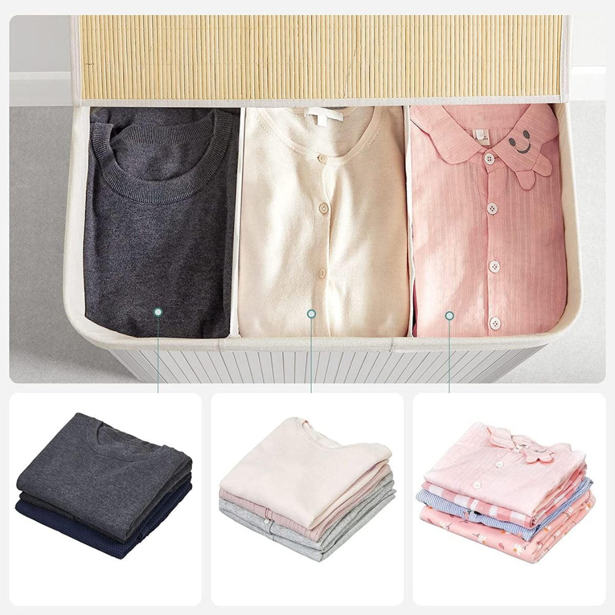 WÄSCHEKORB 3 Fächer mit abnehmbaren Beuteln Bambus und Weiß - Weiß, Holz (42.5/61.5/60cm) - Calicosy