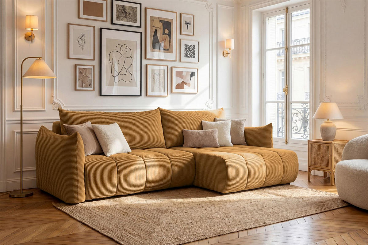 ECKSOFA Ontario Mit Schlaffunktion - Gelb, Holzwerkstoff/Textil (260/154cm) - Fun Möbel