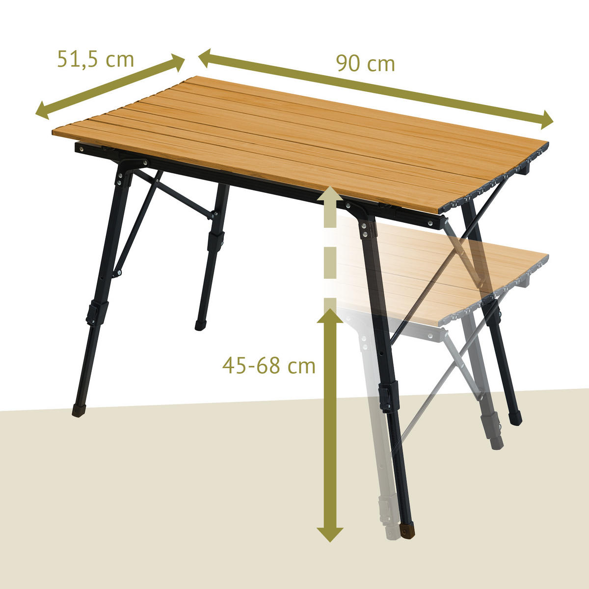 CAMPINGTISCH Höhenverstellbar Holzoptik - Naturfarben, Metall (51.5/90/68cm) - JAWINIO