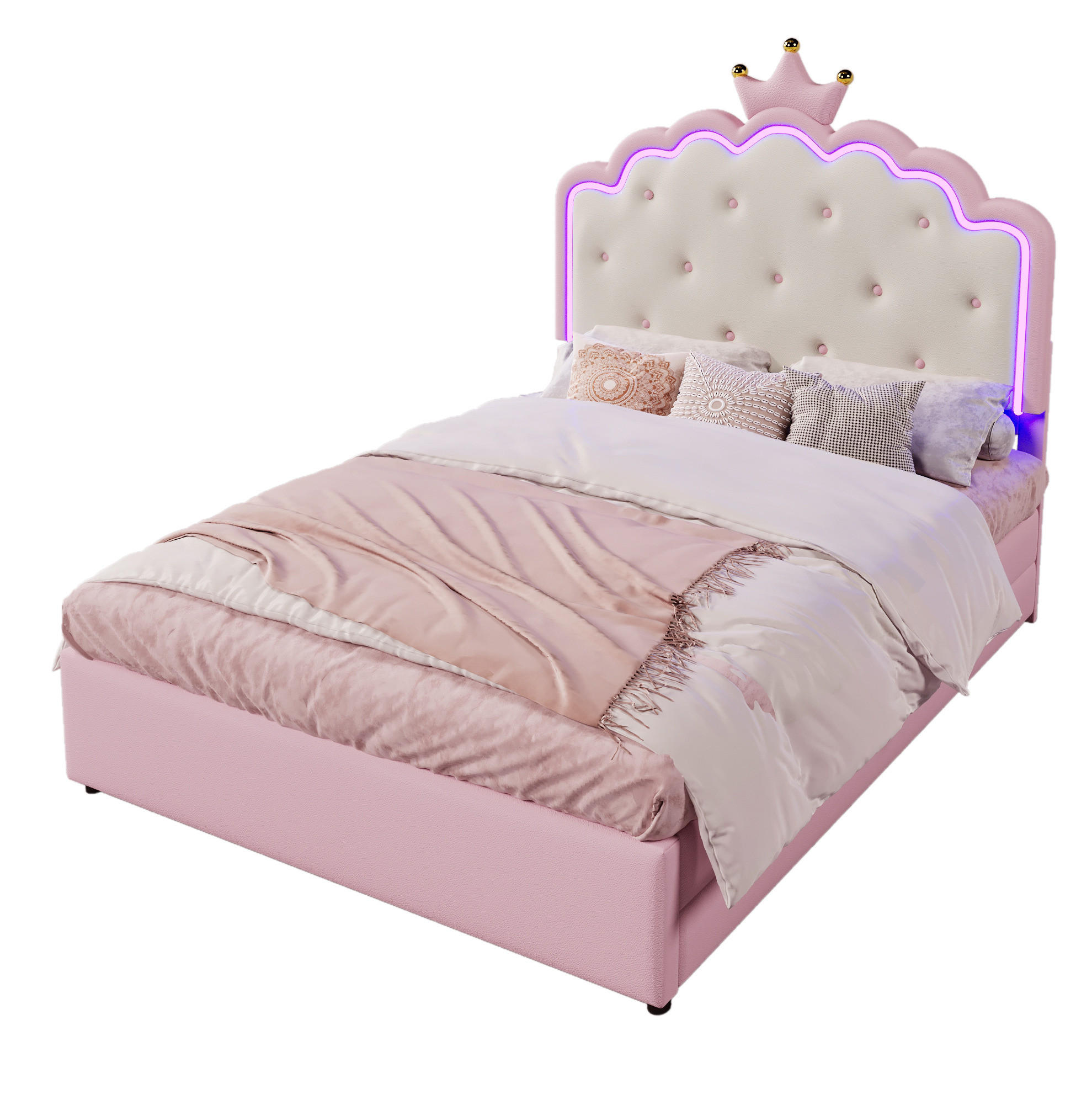 OKWISH ČALOUNĚNÁ postel 140/200 cm růžová z PU s LED osvětlením výsuvným lůžkem a 2 zásuvkami