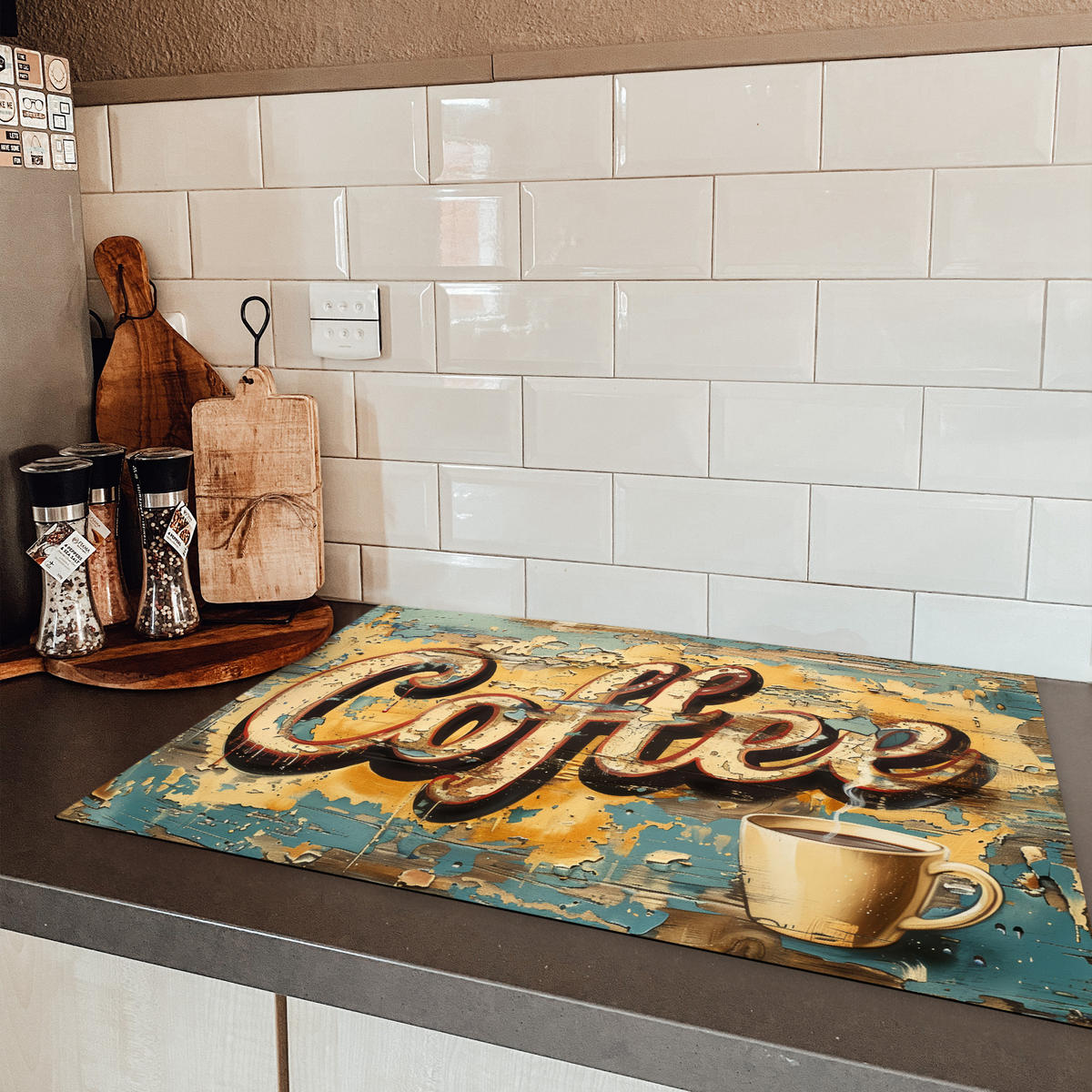 HERDABDECKPLATTE Kaffee - Vintage - Braun - Tasse Ceranfeldabdeckung 76x51.5 cm - Teakfarben, Kunststoff (76/51.5/0.2cm) - MuchoWow