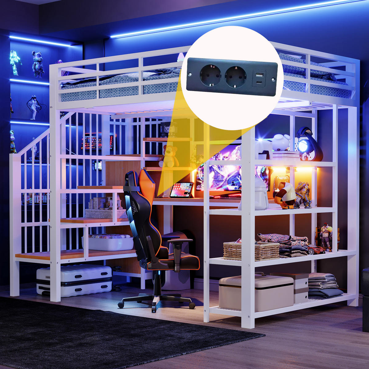 HOCHBETT 140/200 cm in Weiß mit Treppe, Stauraum, Regal, LED und Steckdosen - Weiß, Holzwerkstoff/Metall (140/200cm) - STILVORA