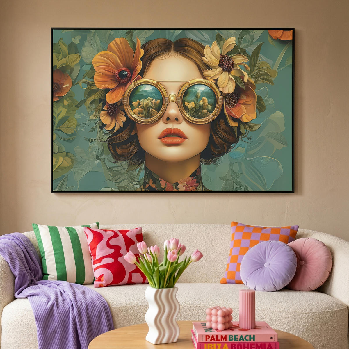 LEINWAND Bilder mit Rahmen - Frau - Blumen - Schmetterlinge - Natur - Vintage - 120x80 - Salbeigrün, Textil (120/80cm) - MuchoWow