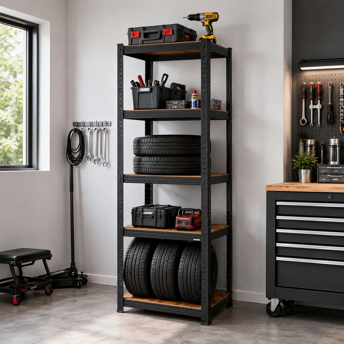 RAFT Negru Maro 5-polițe - negru, material plastic/compozit lemnos (80/200/60cm) - Relaxdays