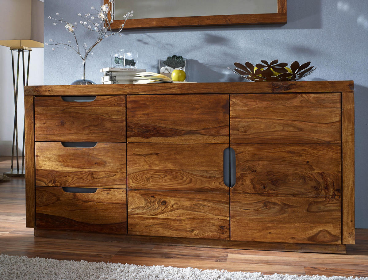 SIDEBOARD Sheesham 150x45x75 walnuss lackiert DUKE #126 - Dunkelbraun, Holz (150/75/45cm) - Massivmoebel24
