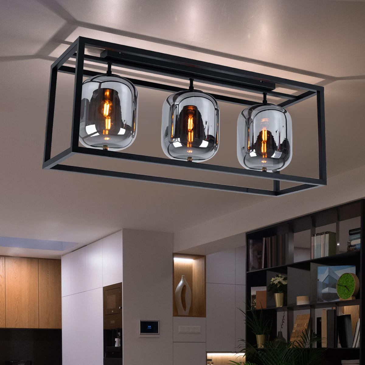 LED DECKENLEUCHTE BLACKY Metall Schwarz Glas - Schwarz, Holz (77.5/25/32.5cm) - Globo Lighting