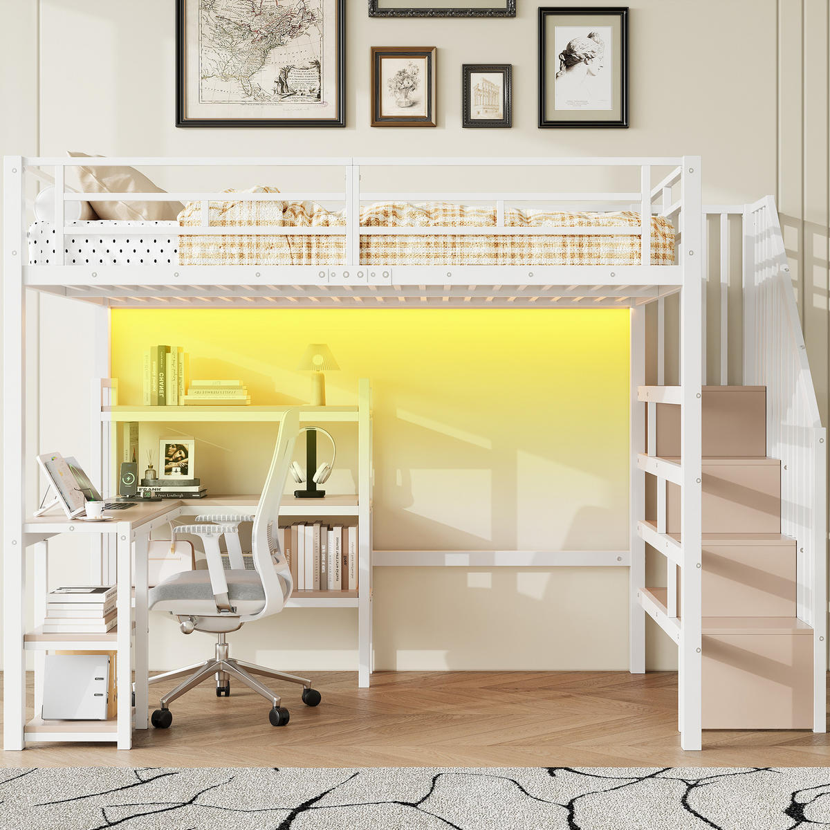 HOCHBETT 140/200 cm in Weiß mit Treppe, Schreibtisch, Regal, LED und USB - Weiß, Holzwerkstoff/Metall (140/200cm) - STILVORA