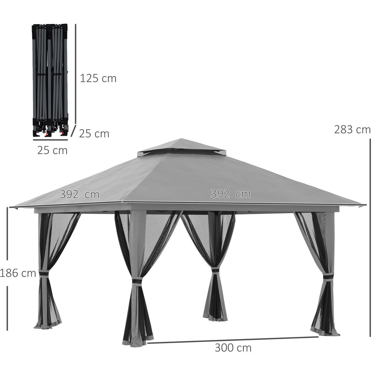 PAVILLON 392/392/283 cm höhenverstellbar mit Doppeldach, UV-Schutz und Netzwänden, Dunkelgrau - Dunkelgrau, Metall (392/283/392cm) - Redom