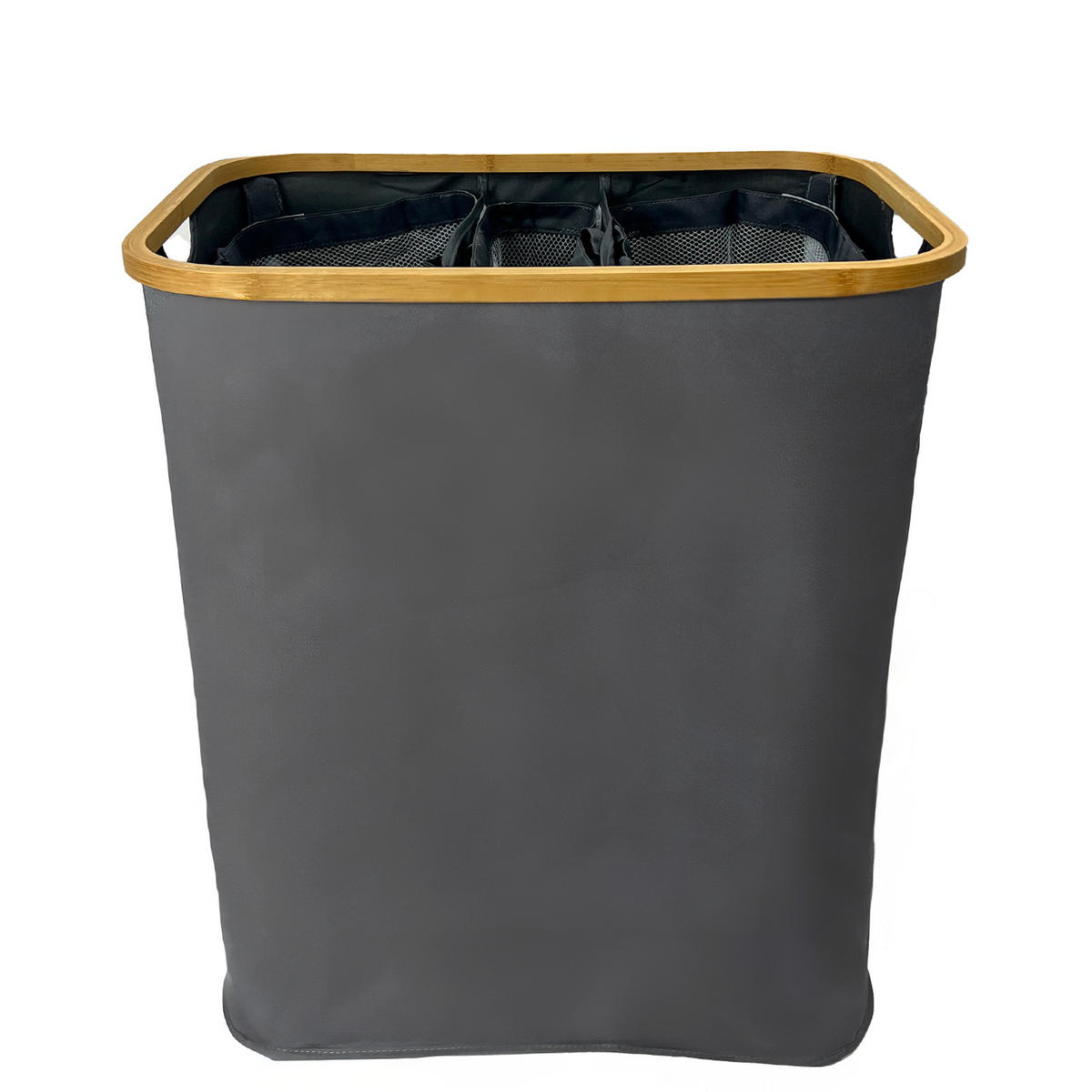 WÄSCHEKORB Bambus Textil Anthrazit mit 3 Fächern 57×37×67 cm - Anthrazit/Naturfarben, Holz/Textil (57/67/37cm) - Begryf