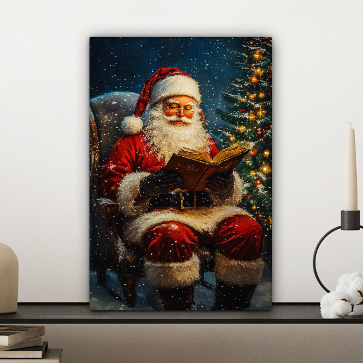 LEINWANDBILD Weihnachtsmann - Weihnachten - Winter - Weihnachtsbaum Deko Wohnzimmer 20x30 cm - Bordeaux, Textil (20/30cm) - MuchoWow