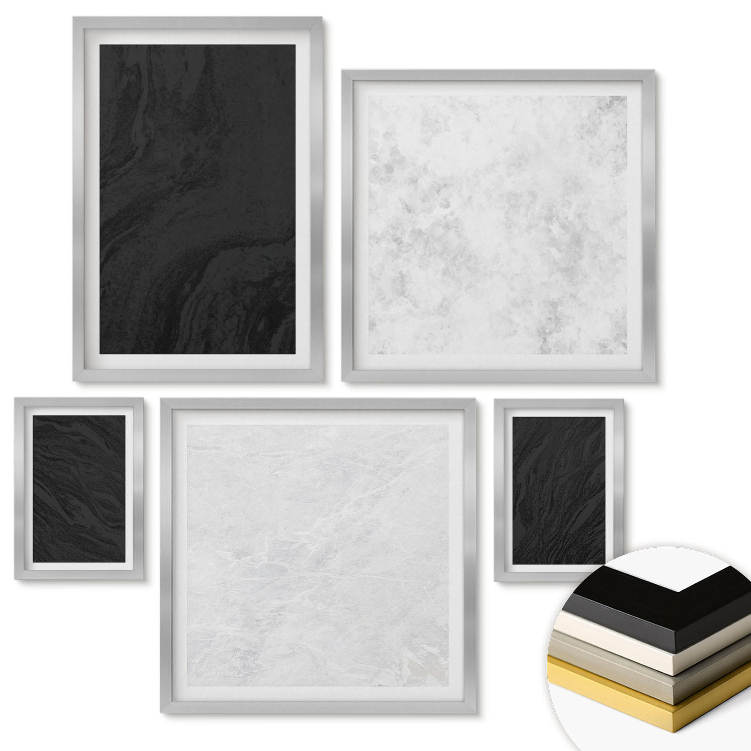 WANDBILDER 5er Set - 50x50 cm & 20x30 cm & 40x60 cm Silberner Rahmen - Dunkles Licht, glamouröse Marmor - Silberfarben, Kunststoff (40/60cm) - ArtPrintCave