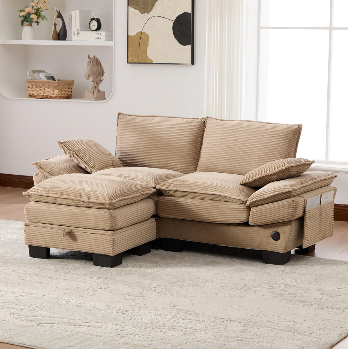 ECKSOFA aus Corduroy 190x132x84 cm in Beige mit Hocker & USB-C - Beige, Textil (132/190cm) - Modfu