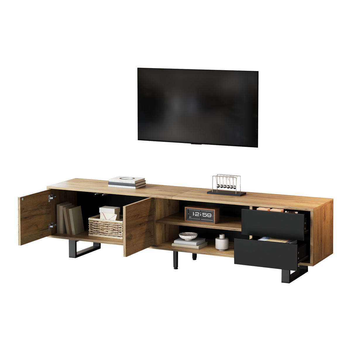 TV-ELEMENT180X40X50CM Holzoptik Lowboard mit Metallbeinen für 75-Zoll - Schwarz, Holz (51/18.49/57.99cm) - Raelunyi