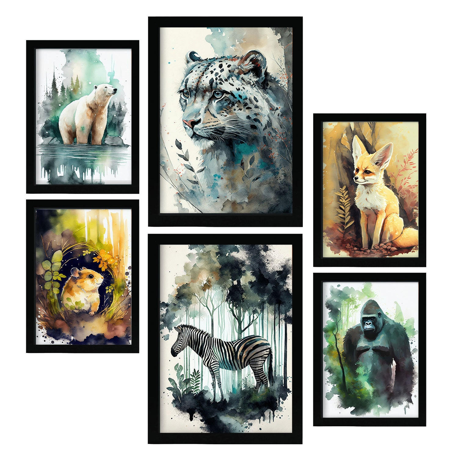 POSTER Set Mit 6 Norden Und Süden Illustrationen Von Tieren In Naturlandschaften, Realistischer Aquarellstil Innenarchitektur A3 & A4 Schwarzer Rahmen - Schwarz, Papier (29/3cm) - Nacnic