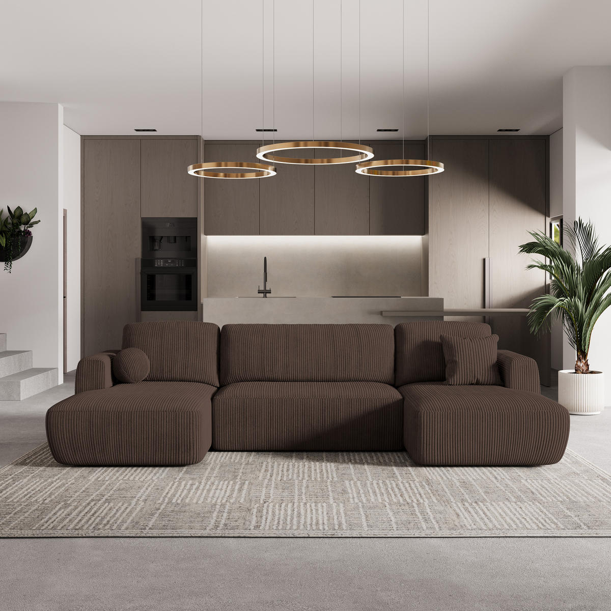 ROHOVÁ SEDAČKA SENTUM hnědá - černá/hnědá, dřevo/textil (330/148cm) - MASSENO